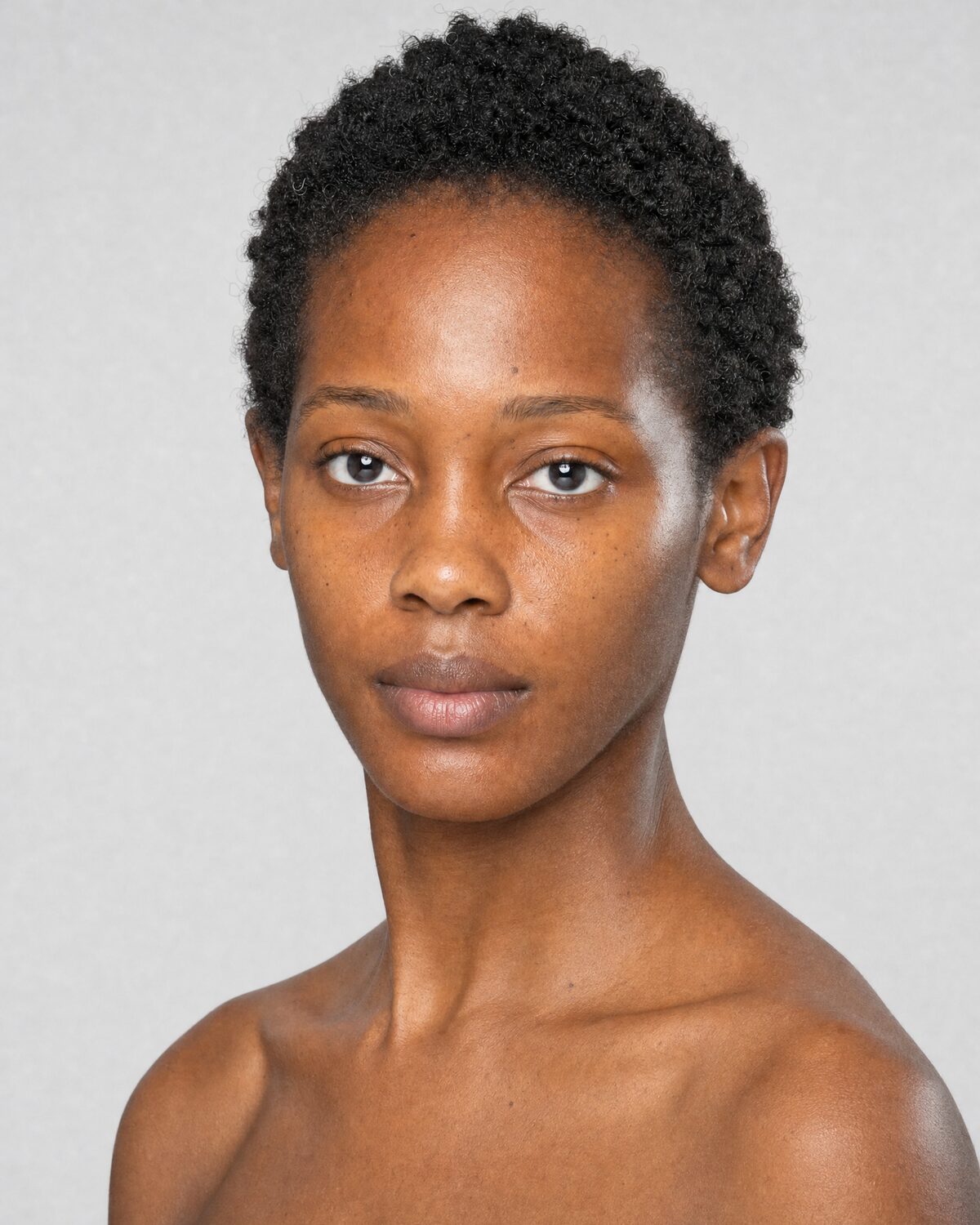 Beauty casting reference, bare skin, three-quarter view