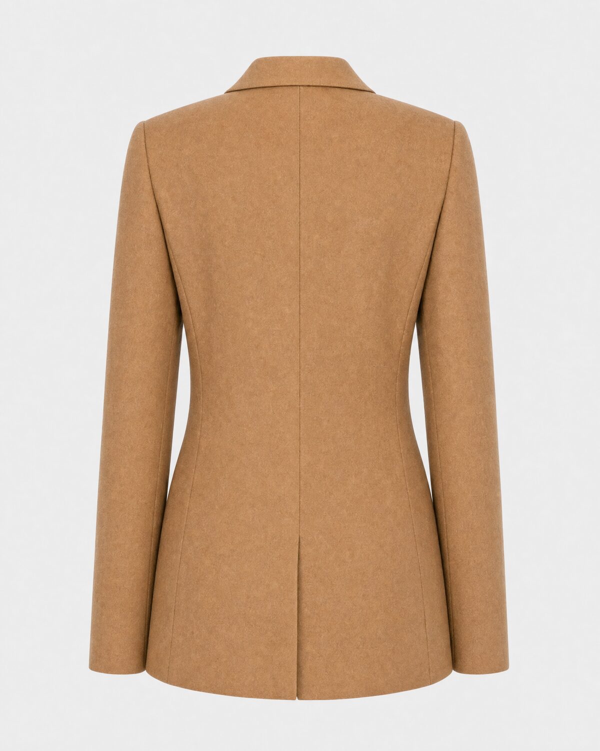 Camel wool blazer on a ghost mannequin, back view
