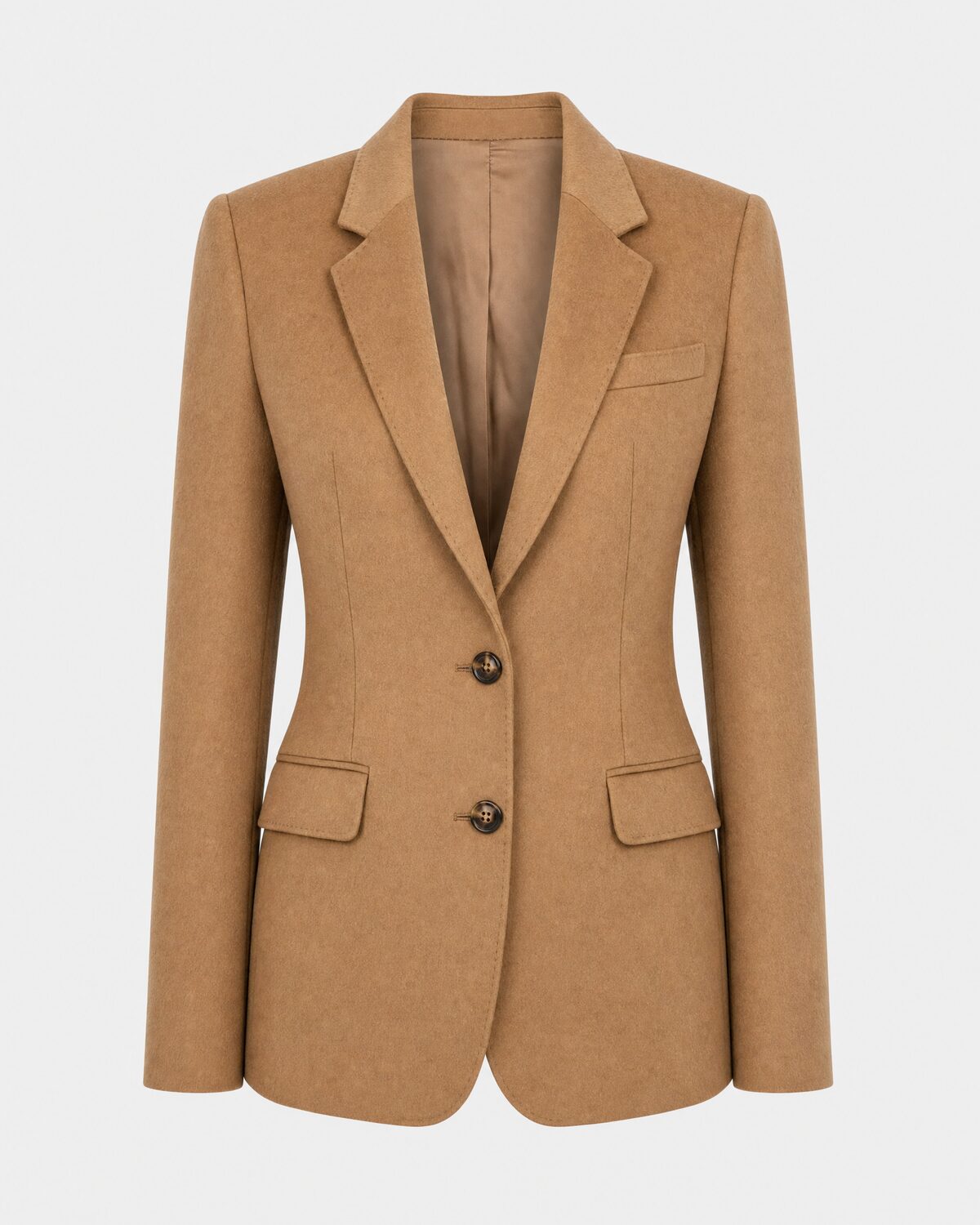 Camel wool blazer on a ghost mannequin, front view