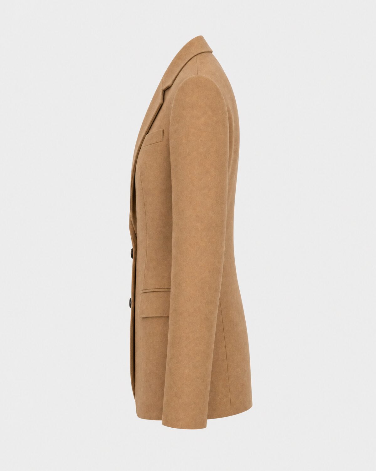 Camel wool blazer on a ghost mannequin, side view