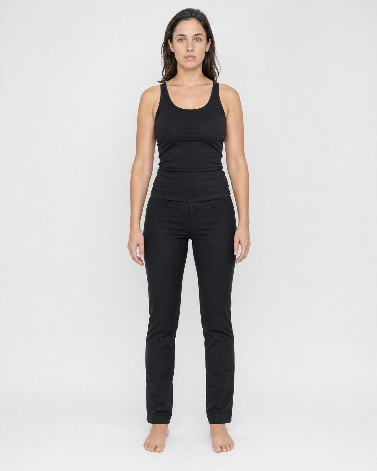 Casting reference in fitted, neutral clothing, front view