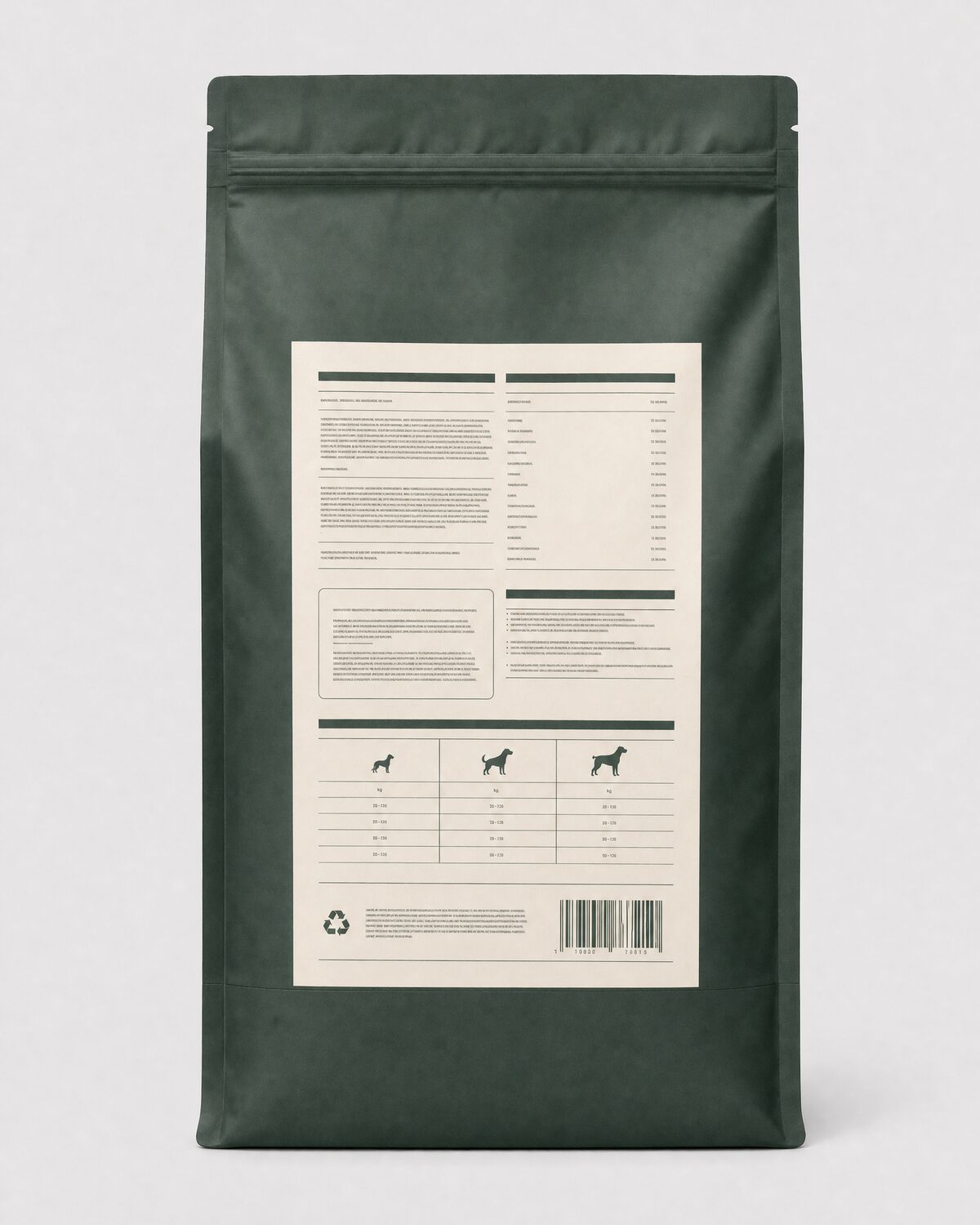 Dry dog food in a stand-up pouch, back view