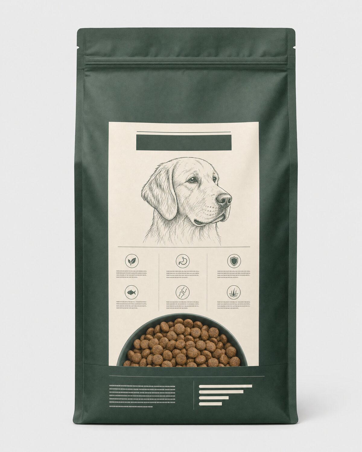 Dry dog food in a stand-up pouch, front view