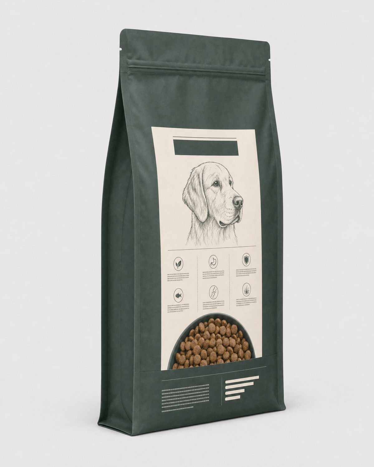 Dry dog food in a stand-up pouch: reference photo for AI production